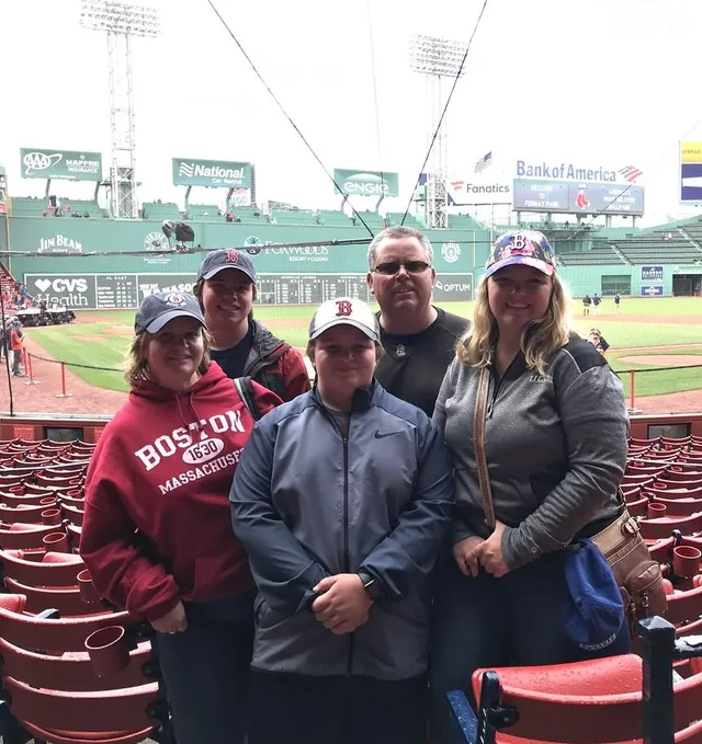 The family at Fenway Park in Boston in 2018: Mason and Steve in back, Becky, Josh, and Emily in front