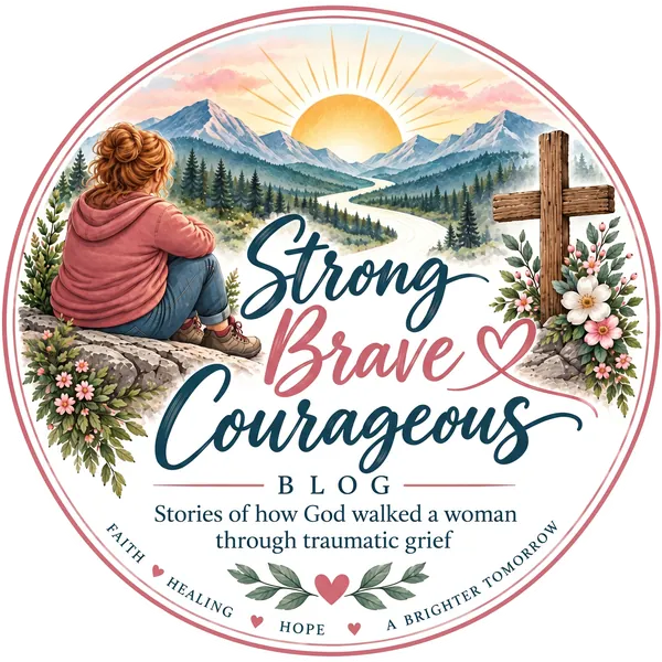 Strong. Brave. Courageous. Blog — a woman sits on a rock looking out over mountains and a winding river at sunrise, beside a wooden cross and wildflowers